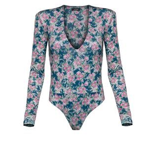 NWT AFRM Sybil Deep V Long Sleeve Padded Shoulders Bodysuit in Blush Bouquet S